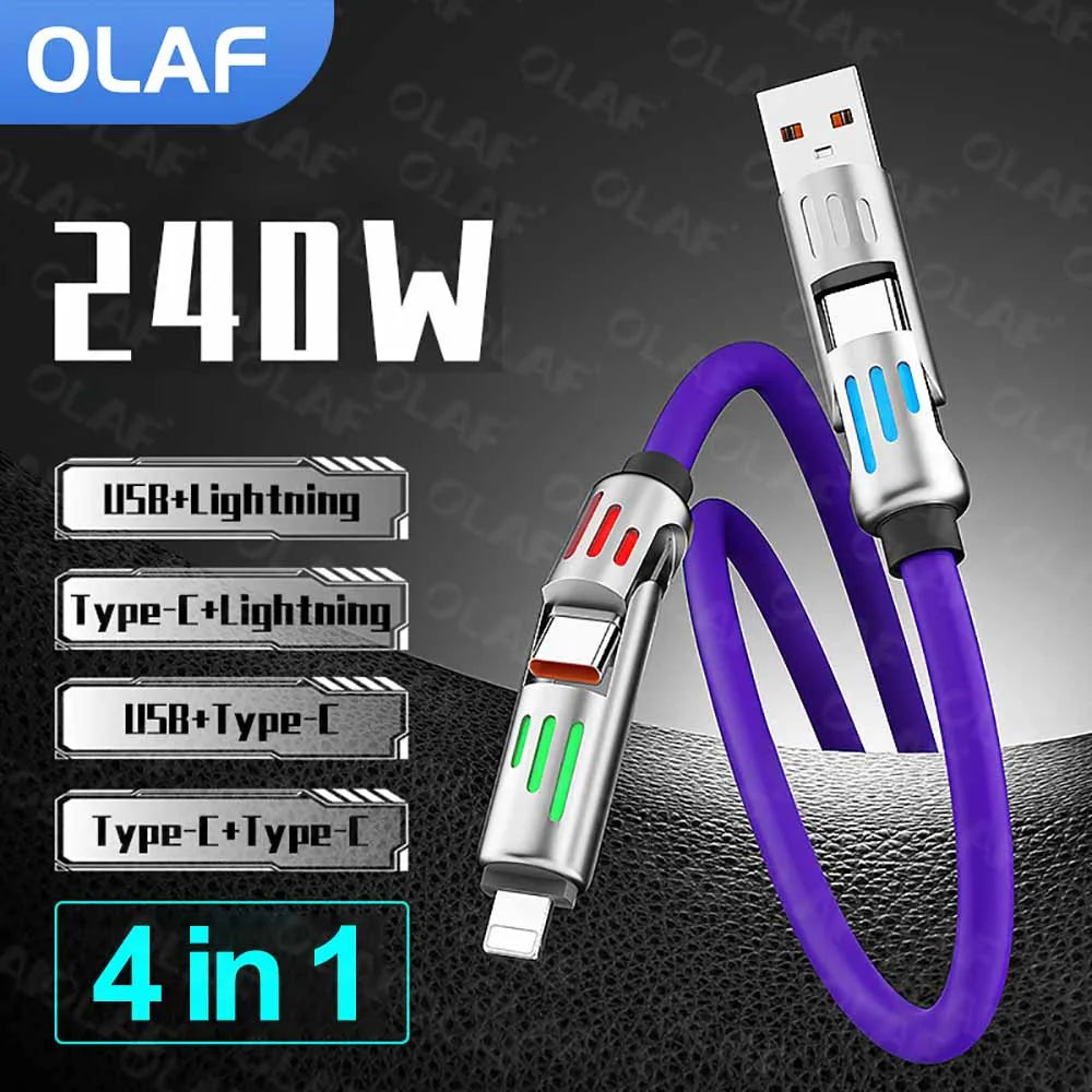 240W 4 in 1 USB C Fast Charging Cable USB to Lightning Data Cable Dual Type C Fast Charger Cable for Iphone 15 Samsung Xiaomi
